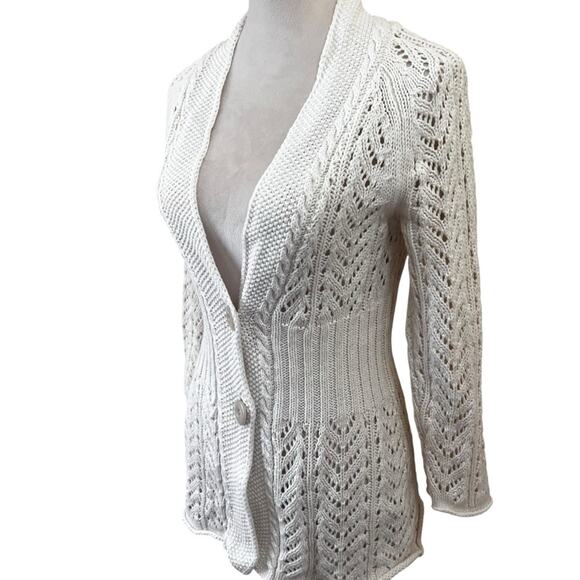 Women’s M Linen/Cotton White Lace Knit Cardigan Cottagecore Crochet Eddie Bauer - Picture 2 of 9